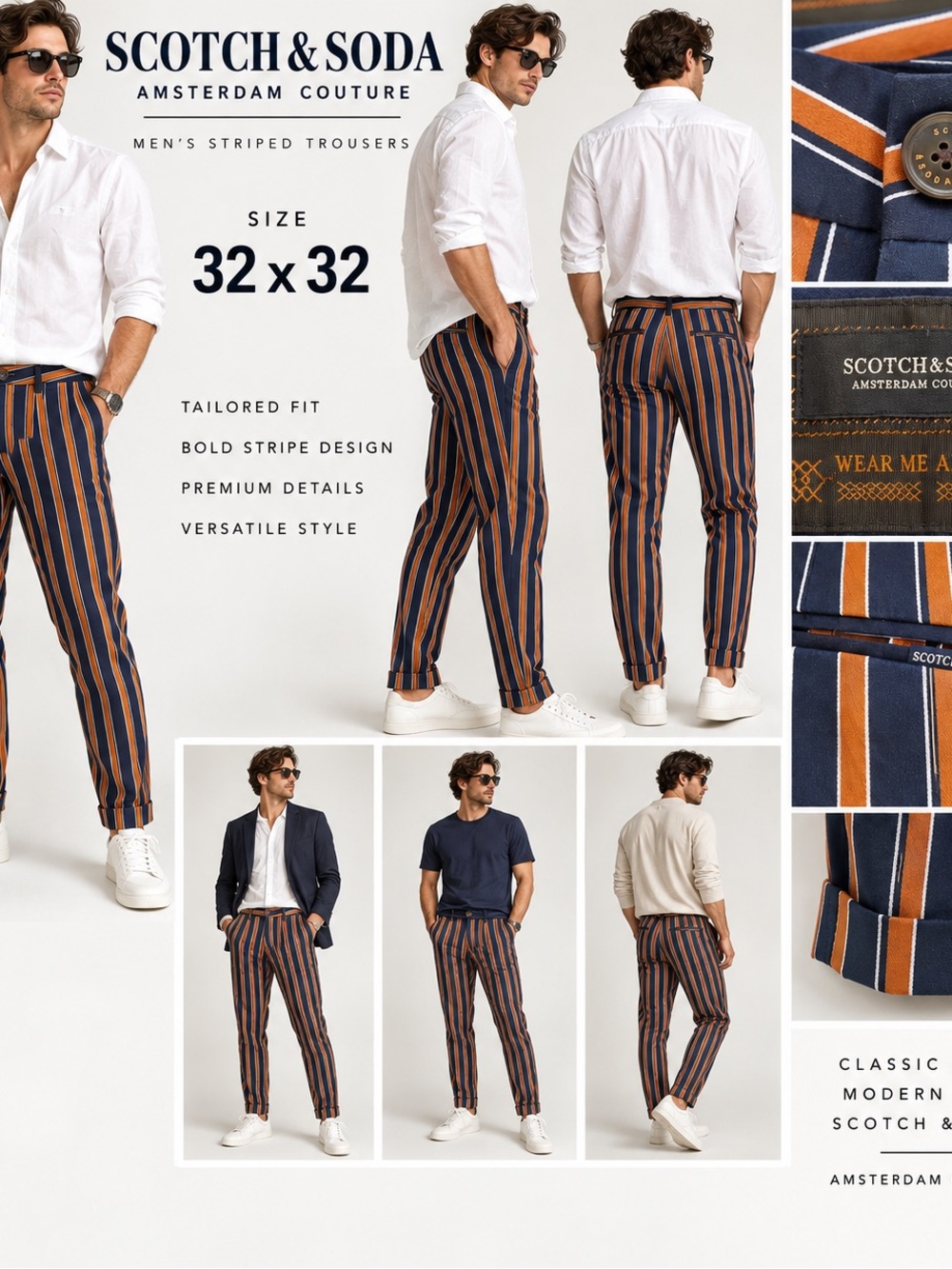 Scotch & Soda Navy and Brown Vertical-Stripe Chinos